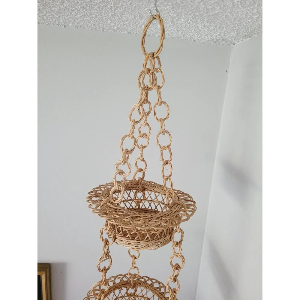 Vintage Handwoven Rattan Hanging Basket 3-Tier Organizer